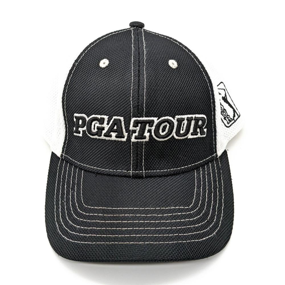 PGA Tour Golf Hat Cap Black & White With Adjustable Hook & Loop Strap